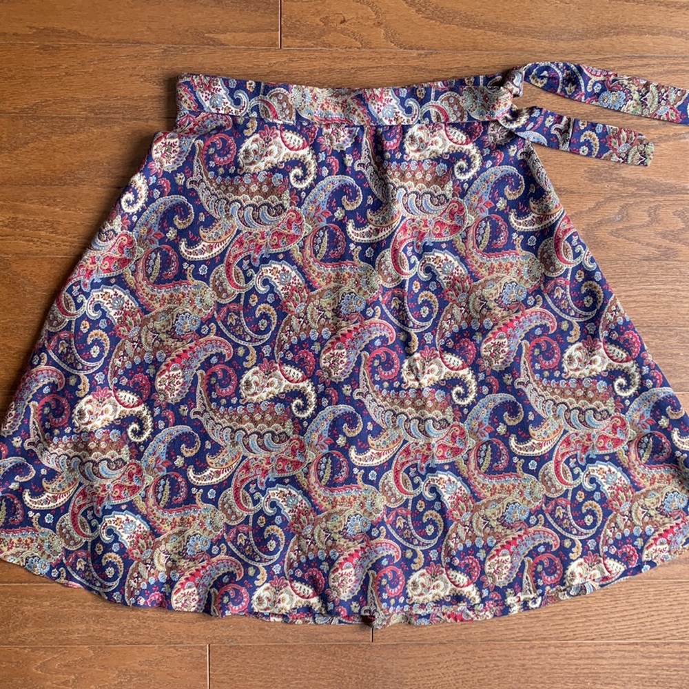 Vintage Wrap Skirt Paisley Print Tan 70s 80s Navy Tan Size Medium - Picture 8 of 9